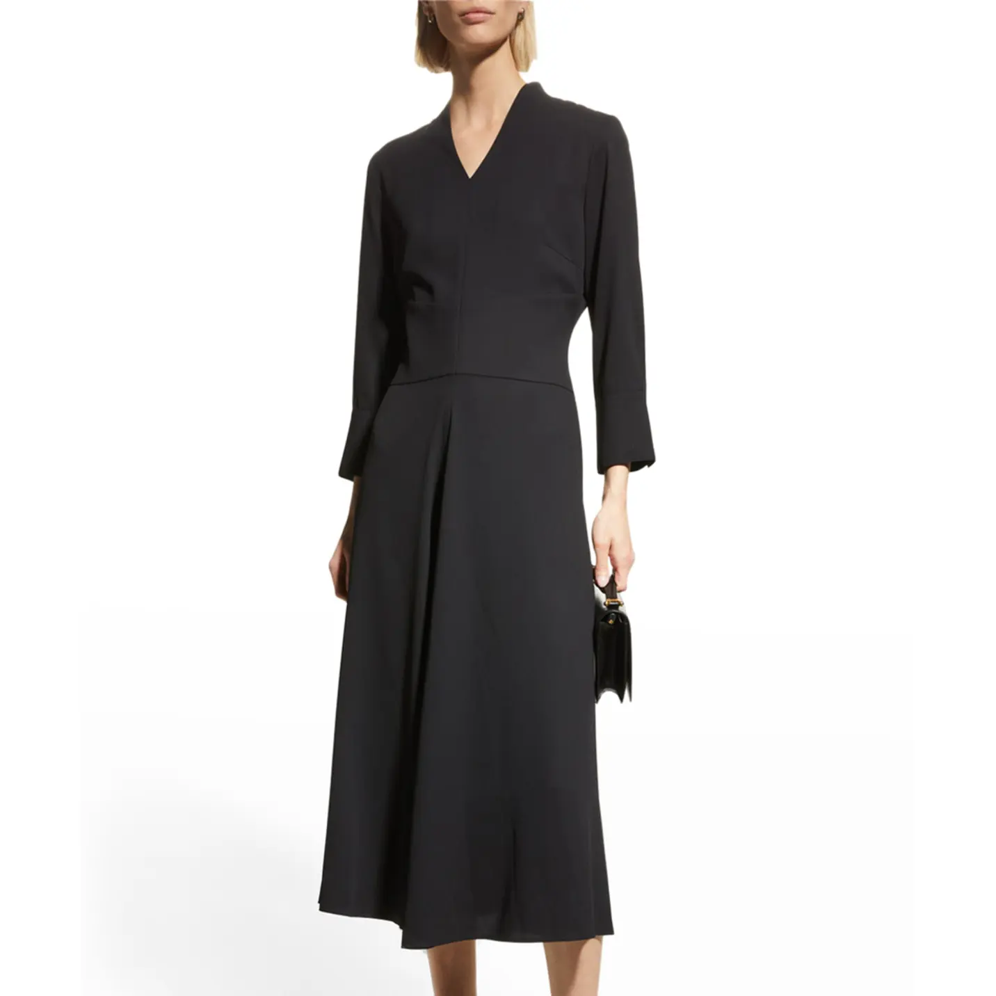 A-Line V-Neck Midi Dress long dresses simple solid color meet style black dresses elegant women