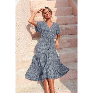 Robe florale FOXA pour femme, été, manches courtes, col en V, à volants, coupe trapèze, longue, décontractée, style bohème, pour la plage, respirante, tissée - Product Image 2
