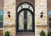 Puerta de Entrada Principal Exterior para Villa, Moderna, con Arco, Doble Acero, Diseño de Pavo Real Dorado, Anti-Robo, Acabado Galvanizado con Recubrimiento en Polvo