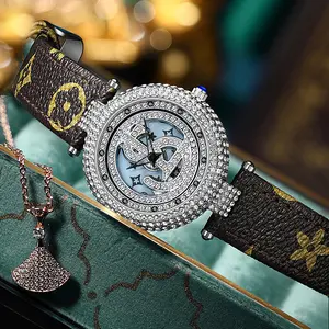 Top Marke Frauen Uhr elegante rotierende Diamant uhr für Frauen Leder wasserdichte Quarz Armbanduhren Luxus uhren für Frauen