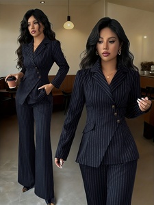 <span class=keywords><strong>Traje</strong></span> Formal Elegante de 2 Piezas para <span class=keywords><strong>Mujer</strong></span> con Rayas, Cuello en V, 6 Botones, Doble Abertura y Pantalones, Precio Bajo al por Mayor - Product Image 1