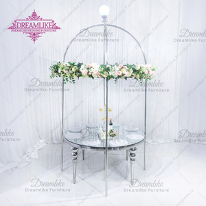 Table à manger en verre cristal à double couche avec base en acier inoxydable et <span class=keywords><strong>plateau</strong></span> argenté pour les événements d'hôtel et de mariage - Product Image 1