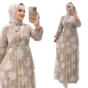 中东迪拜女装新款叶褶abaya穆斯林连衣裙时尚腰伊斯兰长袍