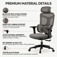 Silla de Oficina Ergonómica Giratoria para Estudio o Sala de Juegos, Respaldo de PP, Soporte Lumbar Convertible, Reposacabezas 3D, Reposabrazos 4D