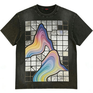 <span class=keywords><strong>T</strong></span>-shirt vintage noir délavé à manches courtes avec motif dégradé coloré et motif mosaïque, décontracté unisexe, col rond - Product Image 1