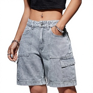Short cargo en jean délavé uni, taille mi-haute, avec fermeture boutonnée, style Bermuda pour homme, décontracté, été, streetwear - Product Image 2