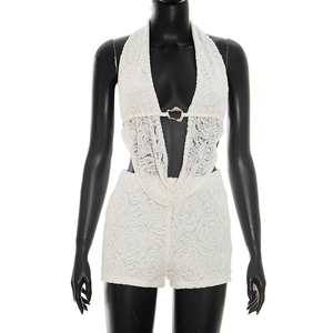 Viviblook J26ST162 Conjunto de verano para mujer, top sin espalda con cuello halter de encaje, pantalones cortos ajustados, conjunto de dos piezas - Product Image 5