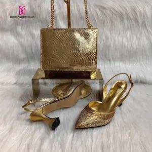 Zapatos de tacón de boda africanos Bruno Giordano Fabricación original Estilo italiano Zapatos y bolsos de mujer de cristal dorado de alta calidad