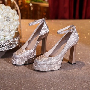 Y9595-6 Shiny Animal Print Mary Jane Pumps <b>Round</b> <b>Toe</b> Block <b>Heel</b> Ankle Strap Satin Lining Super High Wedding Shoes - Product Image 1