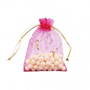 Sac en organza imprimé étoile et lune dorées 7x9cm avec cordon de serrage, pochette cadeau en maille pour bijoux, sacs de dragées pour mariage, fête ou baby shower - Product Image 4