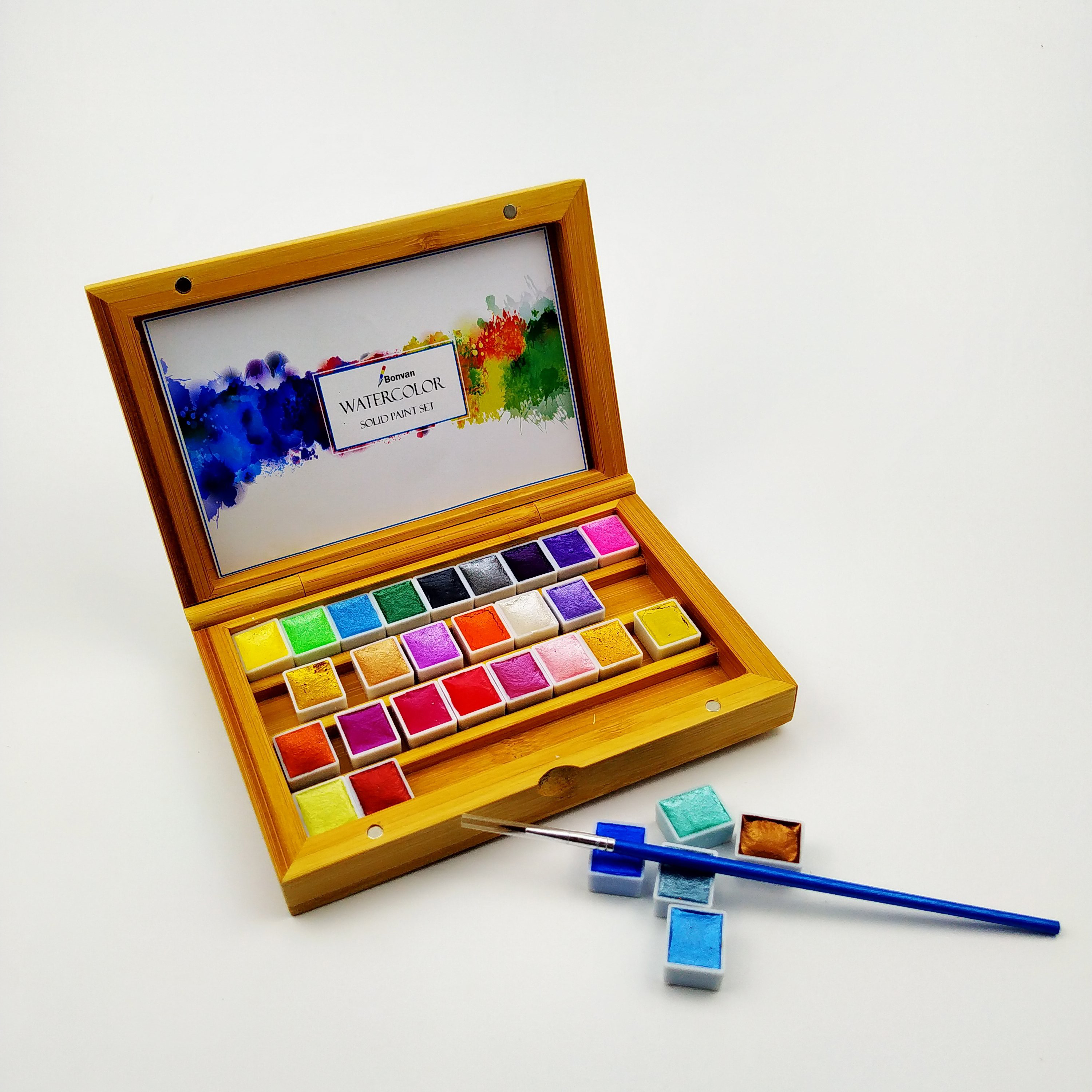 竹木箱卸売プライベートラベルソリッドケーキハーフパン水彩絵の具