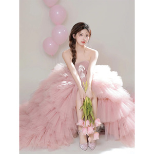 Pink Strapless Tulle Ball Gown Wedding Dress Natural Waistline Candy Color Light Train Photography Theme - Product Image 3