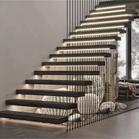 Moderne freitragende Holztreppe für den Innenbereich mit rahmenlosem Glasgeländer und offenem Treppenstufen-Kit für Villen