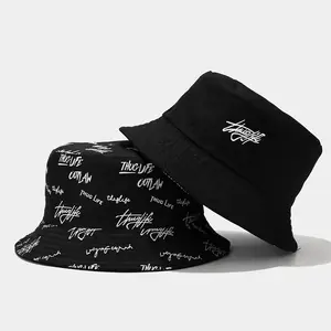 Customized Design All Over Print Embroidered Reversible 2 Side Cotton Fisherman Bucket Hat With Embroidery Logo