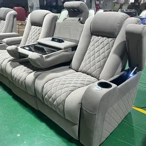Popular comfortable gray recliner theater seating home use theater automatic theater chairs velvet fabric 3 seater sofas