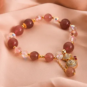 Женские браслеты из натурального клубничного кварца с кристаллами, 18 карат, с позолоченным BR-016