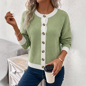 Cardigan pour femme, vert herbe, col rond, tricoté, color block, coupe ample, automne-hiver, style Europe-Amérique, tailles SMLXL - Product Image 3
