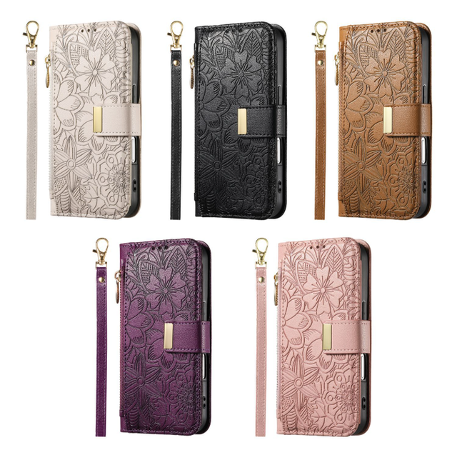 Lanyard Foldable PU Leather Case with Flower and Leaf Pattern Wallet Design Mobile Phone Case for iPhone 17 16 15 14 13 Pro Max