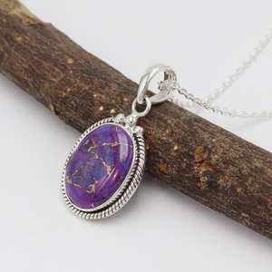 Turquoise <b>Solid</b> Sterling <b>Silver</b> Pendant <b>Necklace</b> December Birthstone Handmade Statement Bezel Setting with Rhodium Gold Plating - Product Image 4