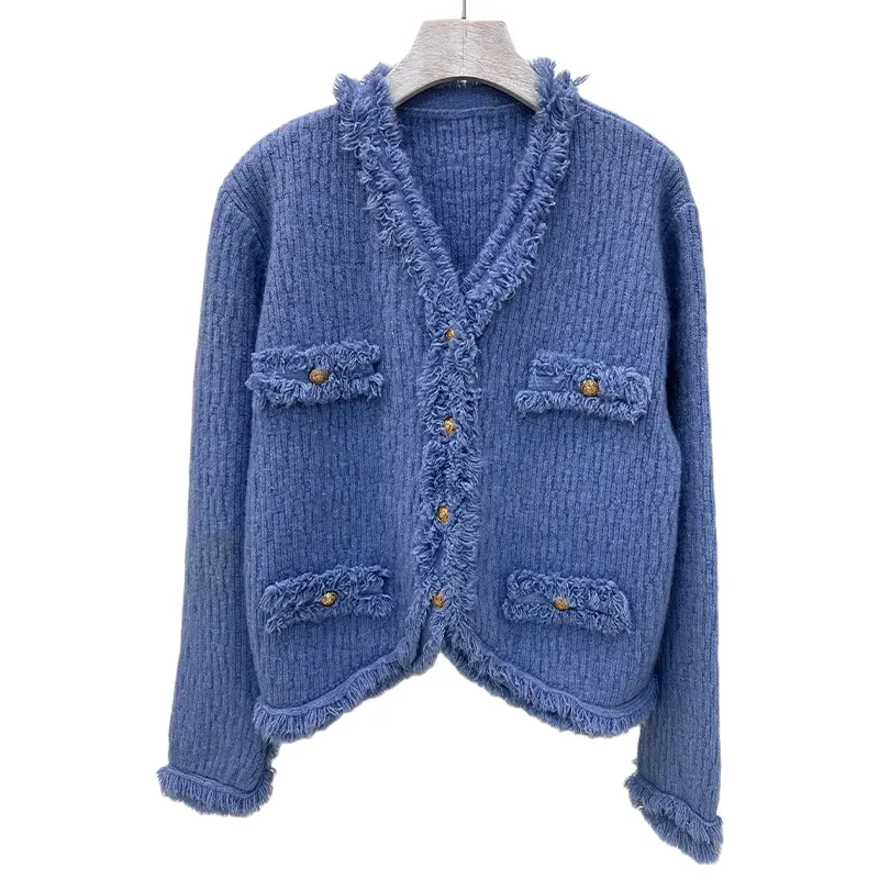 Short Coat Top Fashion Style Custom Yarn Long Sleeve V Neck Cardigan Sweater Knit Women