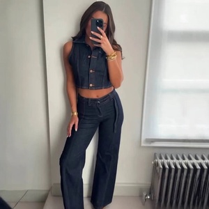 <span class=keywords><strong>Traje</strong></span> vaquero de cintura alta transpirable estilo Vintage americano europeo <span class=keywords><strong>para</strong></span> <span class=keywords><strong>mujer</strong></span>, Chaleco Corto ajustado informal con solapa, cinturón de cintura de poliéster/algodón - Product Image 2