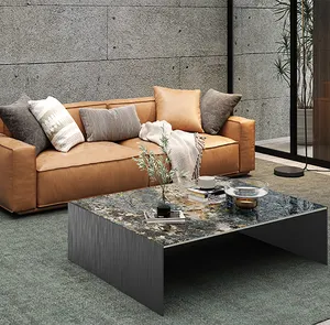 Nordic design luxury sintered stone top coffee table living room furniture 2 square tables Bronze metal antique coffee tables