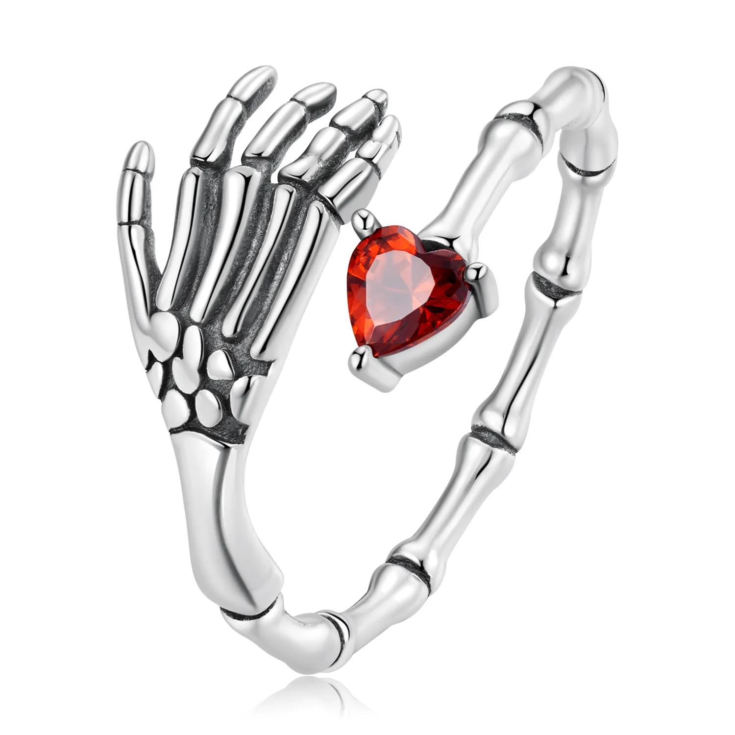 JEEVA Sterling Silber Punk Schädel Hand öffnungs ringe mit rotem Herzen CZ für Frauen Halloween Special Jewelry Geschenke