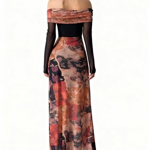 ชุดเดรสแขนยาวผ้าตาข่ายพิมพ์ลายคอปาดไหล่เซ็กซี่สำหรับผู้หญิงแฟชั่น - Product Image 2