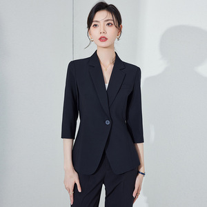 Women's Navy Blue Three Quarter Sleeve Suit Set Polyester Anti-Wrinkle Office Lady Summer Formal <b>Work</b> Uniform - Product Image 2