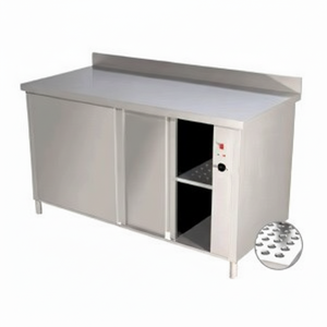 Tavolo riscaldato in acciaio inossidabile con porte scorrevoli e backsplash - Product Image 1