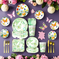 Décorations de fête d'anniversaire sur le thème du papillon vert, fournitures pour fête de pique-nique, assiettes en papier, bannière en tissu, décoration d'anniversaire pour bébé