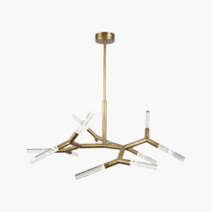Lustre en laiton au design créatif en forme de branche, suspension LED linéaire en tube de cristal nuageux pour villa, salon, hôtel et projets - Product Image 1