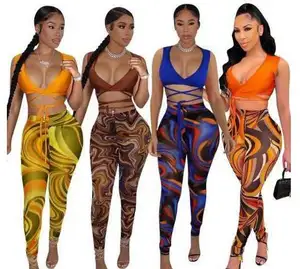 Summer Lady Women Bandage Two Piece Set Sexy V Neck Lace Up Crop Top Print Sheer Mesh Pants Club Party 2 Piece Set