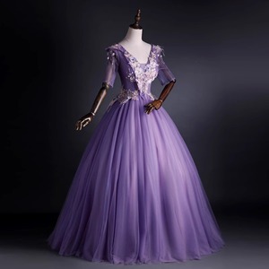 Purple Ball Gown Evening Dress V Neck Chiffon Empire Waist Vintage Style Performance Costume Stage Solo Vocal Exam Host Wear - Product Image 3