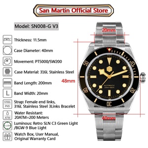Montre de luxe pour homme San Martin SN0008-G, 40 mm, classique, rétro, plongeur, PT5000, automatique, mécanique, saphir, étanche 200 m - Product Image 2