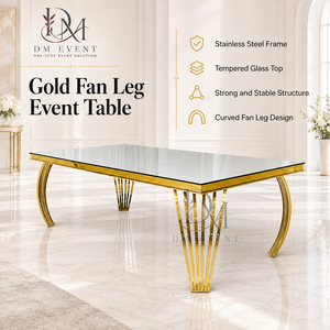 Mesa de Comedor Rectangular Moderna de Acero Inoxidable Dorado con Patas Curvas y Cubierta de Cristal para Eventos y Bodas - Product Image 1