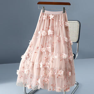 Nouvelles jupes longues élégantes pour femmes, printemps-été, broderie florale, maille, taille haute élastique, style doux, ligne A, en <span class=keywords><strong>tulle</strong></span> - Product Image 2