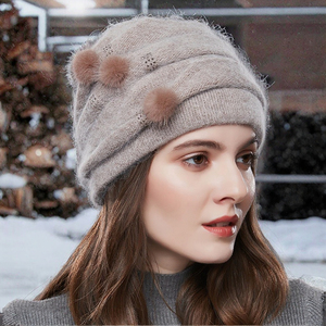 Factory Wholesale Women's Winter Angola <b>Wool</b> Dot Pattern Knitted <b>Beanie</b> <b>Hats</b> Lining for Cold Weather Warmth Travel Beach Use - Product Image 3