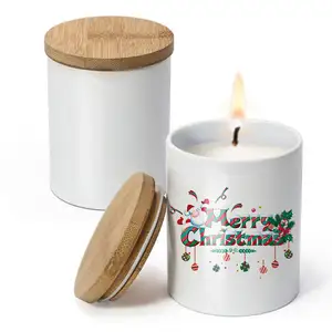 Noël personnalisé sublimation blancs porcelaine céramique bougie gobelet navire blanc rond bougie pot avec couvercle en bambou