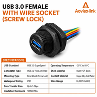 Conector USB 3.0 Hembra con Cable, Montaje en Panel con Bloqueo de Tornillo Personalizado, 5Gbps, Blindado EMI, Impermeable IP67