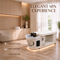 Lit de shampoing électrique en cuir PU blanc ivoire, inclinable, avec fonction vapeur, pour thérapie capillaire et massage, avec base LED, pour salon de coiffure, spa