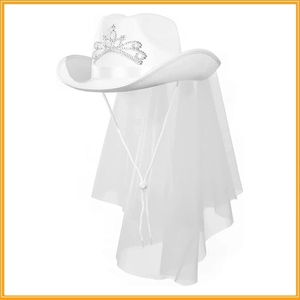 Cappello da Cowboy da Sposa con Velo e Corona di Strass, Set Combinato, Cappello Nuziale per Decorazioni per Addio al Nubilato e Regalo per la Futura Sposa - Product Image 4
