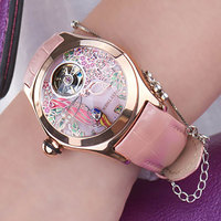 Montre mécanique Reef Tiger de luxe pour femme, cadran rose, bracelet en cuir, montre tendance en or rose, RGA7105
