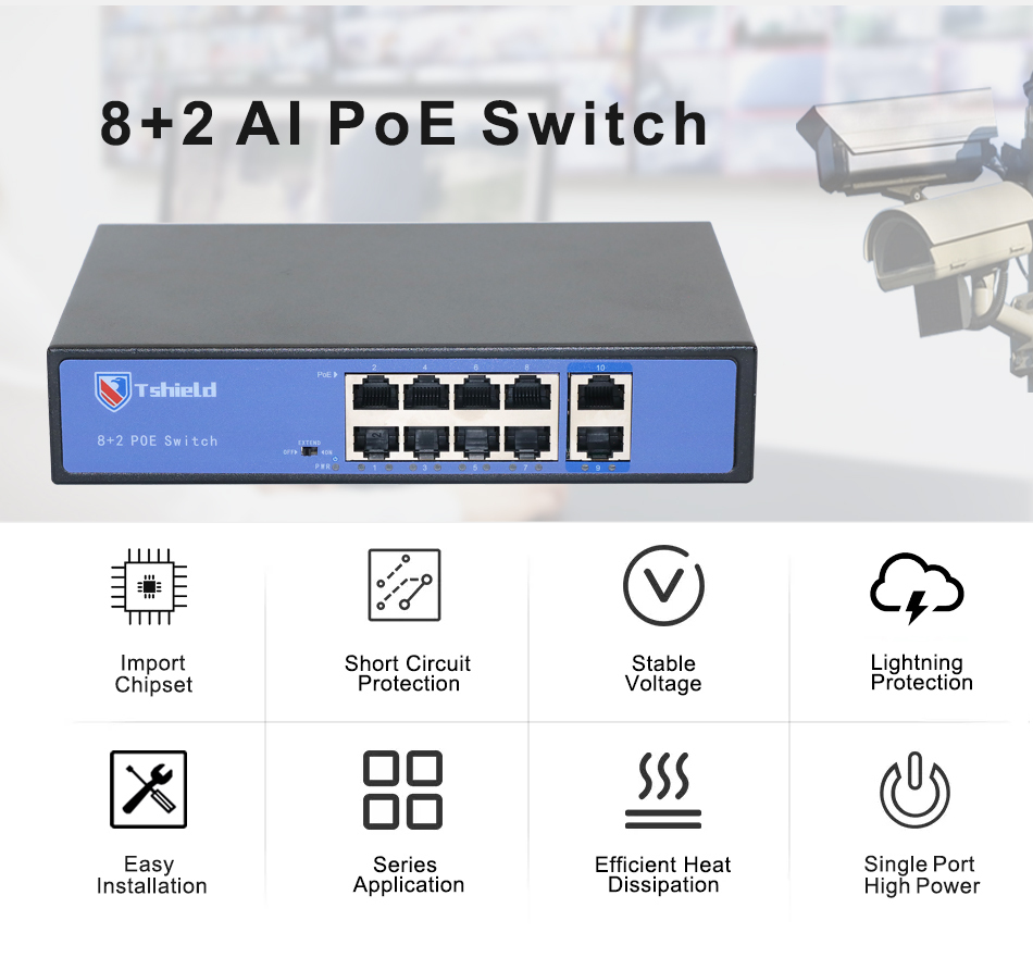 T-shield Gigabit Unmanaged PoE Switch OEM 8/16/24/24 Ports CCTV Network Enhanced 1000Mbps Transmission Rate for Hikvision IP · image 3