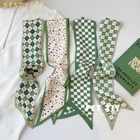 Écharpe en satin à longs rubans à motif floral en forme de cœur à carreaux verts printemps-été, accessoires de mode pour femmes