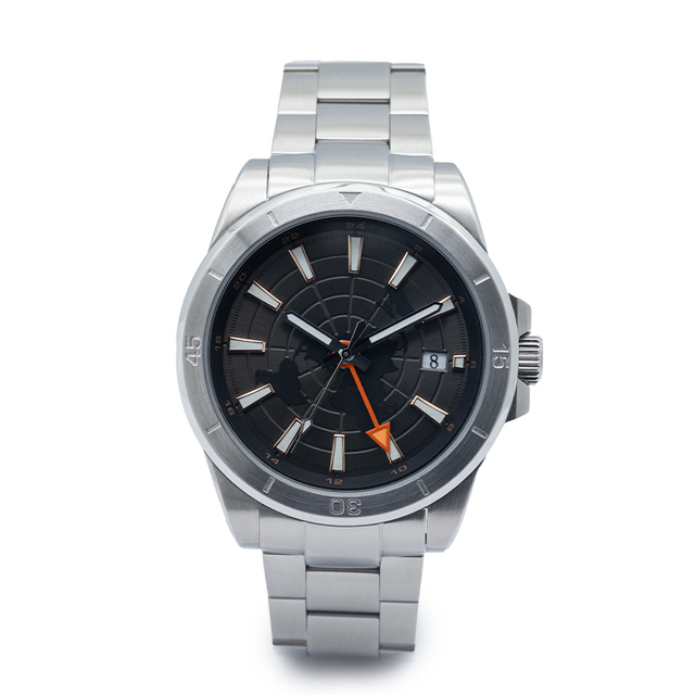 OEM ODM World Map Design Mechanical Wrist Mens Watches Luminous Dual Time Zone Calendar Stainless Steel Mechanical Watch