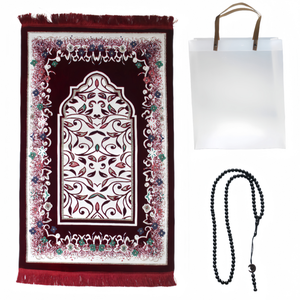 YASEEN Flocked No. 2 Floral Non-Slip Prayer Mat 70x110cm with <b>Rosary</b> and Gift Bag Islamic Set - Product Image 1