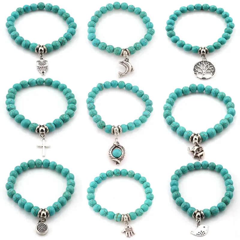 Hot Selling Natuurlijke Turquoise Stenen Armband Voor Vrouwen Vogel, Olifant Bedelset Groothandel Goedkope Dame Sieraden Boho Armband