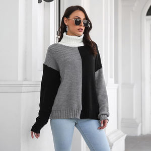 Modelo <span class=keywords><strong>Real</strong></span> Shot Color Block Suéter de punto de cuello alto Fuera del hombro Manga larga Jersey suelto Negro Gris Jersey de cuello alto - Product Image 6