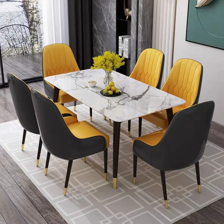 Ensemble de table à manger rectangulaire moderne, meubles de luxe en marbre, meubles de maison, petite table à manger en verre, ensemble de 4 chaises, 10 pièces